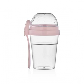 Μπωλ-Δοχείο Φορητό 2 Θέσεων Γιαουρτιού/Σαλάτας/Φρούτων Με Κουτάλι Ροζ 400ml & 200ml Veltihome Allset 46-80110