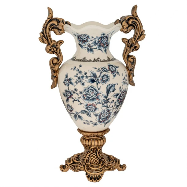 Βάζο Polyresin Λευκό Με Μπλε Λουλούδια Και Χρυσά Χερούλια 27x17x42εκ. iliadis 88556