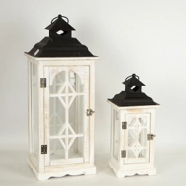 Φανάρι Σετ 2τμχ Ξύλινο-Μεταλλικό Λευκό-Μαύρο 24x24x62εκ.-17x17x40εκ. ESTHETI 752-10021
