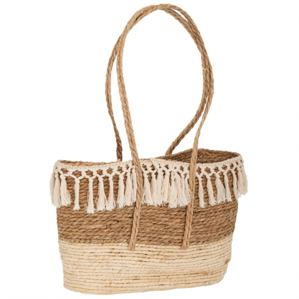 Τσάντα Θαλάσσης Ψάθινη Πλεχτή Με Κρόσσια Boho 49x15x32/70εκ. Natural-Μπεζ iliadis 90093