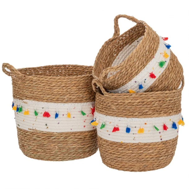 Καλάθι Σετ 3τμχ Στρογγυλό Ραττάν Με Κρόσια Natural 32x29εκ.-27x25εκ.-25x22εκ. iliadis 90162
