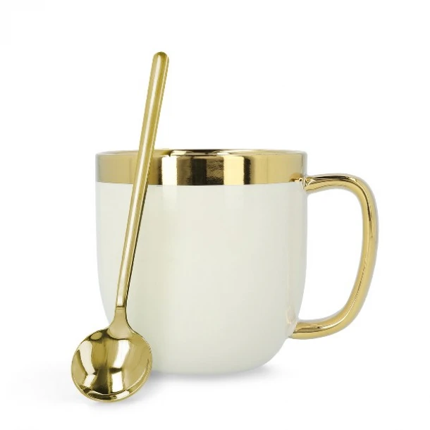 Κούπα Πορσελάνης Λευκή Με Χρυσό Μεταλλικό Κουταλάκι 280ml Sinnes Homla 162888