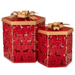 Χριστουγεννιάτικο Κουτί Σετ 2τμχ Μεταλλικό Κόκκινο-Χρυσό 24,5x21x26εκ.-19x17x21εκ. iliadis 90843