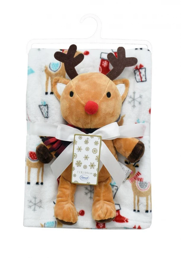 Σετ Χριστουγεννιάτικη Κουβέρτα Fleece Αγκαλιάς-Λίκνου 75x100εκ. Με Αρκουδάκι 30εκ. Reindeer 28 White Dimcol