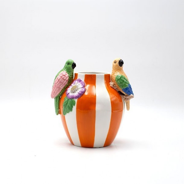 Βάζο Κεραμικό Με Παπαγάλους Πολύχρωμους Λευκό-Πορτοκαλί 17x14x18,2εκ. ESTHETI 819-00581