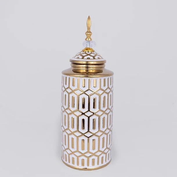 Βάζο Με Καπάκι Κεραμικό Λευκό-Χρυσό 16,9x45,7εκ. ESTHETI 752-20358