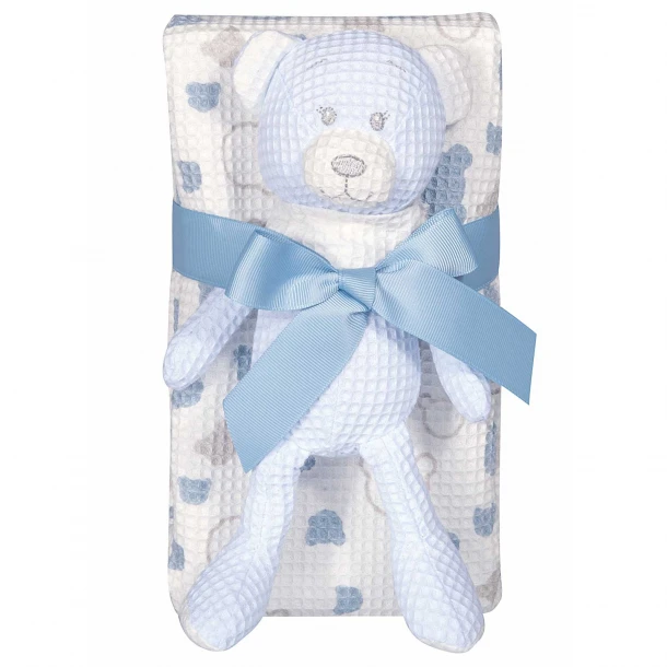 Κουβέρτα Πικέ Βαμβακερή Με Παιχνίδι Αγκαλιάς-Λίκνου 75x100εκ. Essential Baby 8854 Μπλε-Λευκή Greenwich Polo Club