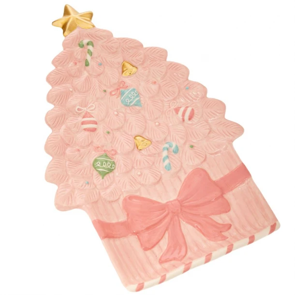 Χριστουγεννιάτικη Πιατέλα Κεραμική Δέντρο Ροζ-Χρυσή 37x23x4εκ. iliadis 91111