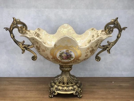 Διακοσμητικό Μπωλ Με Πόδι Πορσελάνης-Polyresin Μπεζ-Χρυσό Με Λουλούδια 52x26x34εκ. ESTHETI 819-00087