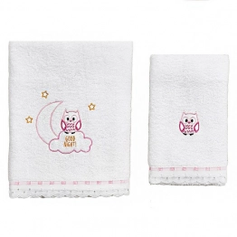 Σετ Πετσέτες 2τμχ Μπεμπέ Βαμβακερές Owl Ροζ 56061