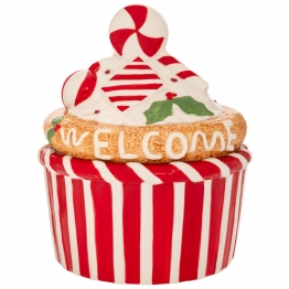 Χριστουγεννιάτικη Μπισκοτιέρα Κεραμική Cupcake Λευκή-Κόκκινη 18x18x22εκ. iliadis 90942