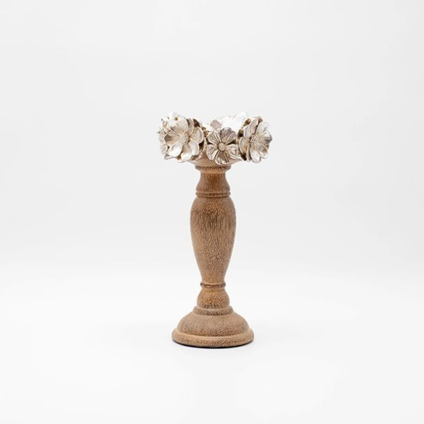 Κηροπήγιο Polyresin-Ξύλινο Με Λουλούδια Ασημί-Natural 12,3x26εκ. ESTHETI 819-00552