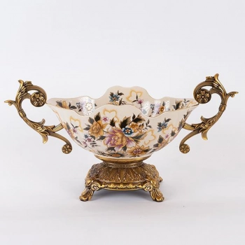 Διακοσμητικό Μπωλ Με Πόδι Πορσελάνης-Polyresin Λευκό-Χρυσό Με Λουλούδια 47x19x25εκ. ESTHETI 752-21036