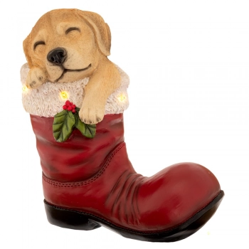 Χριστουγεννιάτικη Διακοσμητική Μπότα Με Σκυλάκι & Led Φως Polyresin Καφέ 22x13x24εκ. iliadis 90727