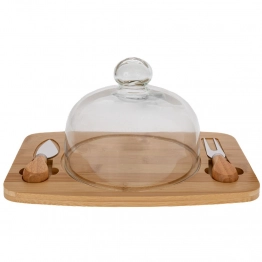 Πλατώ Σερβιρίσματος Τυριών Bamboo Με Γυάλινο Καπάκι Και Εργαλεία Natural-Διάφανο 28,5x18,5x14εκ. iliadis 91921