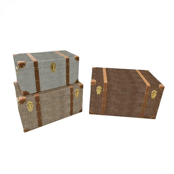 Μπαούλο Σετ 3τμχ Ξύλινο-Pu Μπεζ-Καφέ-Γκρι 63x40x35εκ.-53x34x30εκ.-47x28x25εκ. ESTHETI 752-28018