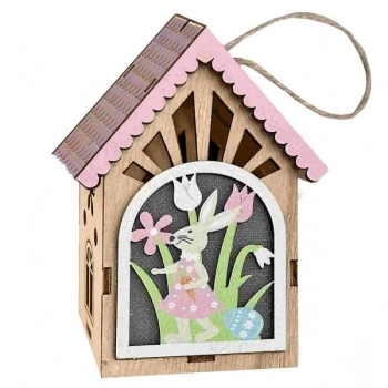 Πασχαλινό Διακοσμητικό Κρεμαστό Σπιτάκι Ξύλινο Κρεμαστό Ροζ Σκεπή & Λαγός 6x8x11εκ. Bunny's 73-2177