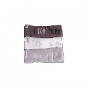 Σετ 3τμχ Μουσελίνα Βαμβακερή 70x70εκ. Πολλαπλών Χρήσεων I Love Mommy Γκρι-Λευκό Minene MN21385