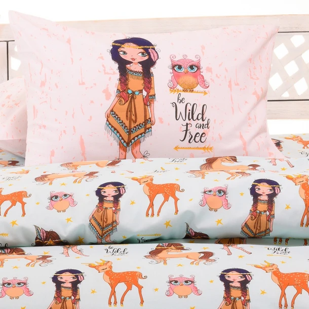 Ζεύγος Μαξιλαροθήκες Βαμβακερές 50x70εκ. Indian Girl Light Blue Kids Line Melinen 20003225