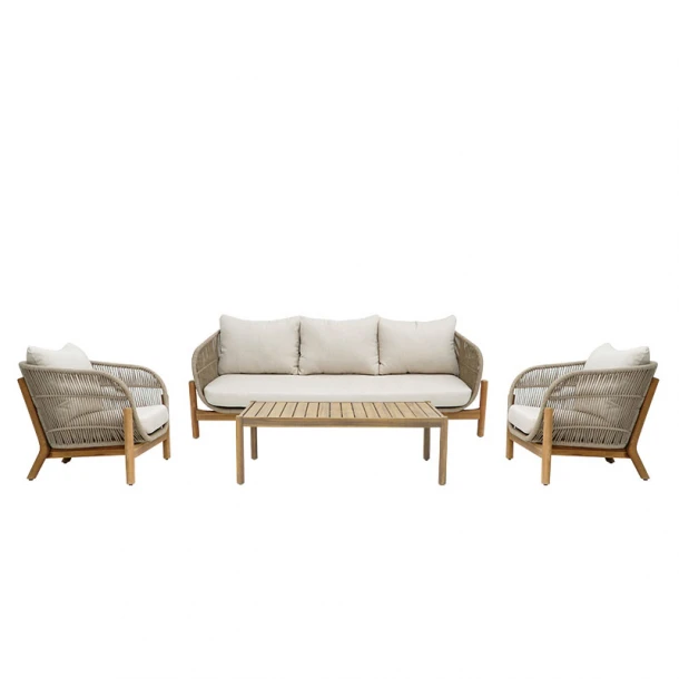 Σαλόνι εξωτερικού χώρου Verilan pakoworld μασίφ ξύλο ακακίας με σχοινί και μπεζ μαξιλάρια