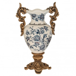 Βάζο Polyresin Λευκό Με Μπλε Λουλούδια Και Χρυσά Χερούλια 27x17x42εκ. iliadis 88556