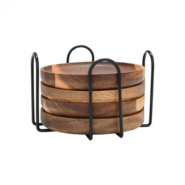 Σουβέρ Σετ 4τμχ Ξύλινα Ακακίας Με Μεταλλική Βάση Allure 11,5x10x7,5εκ. Estia 01-30919