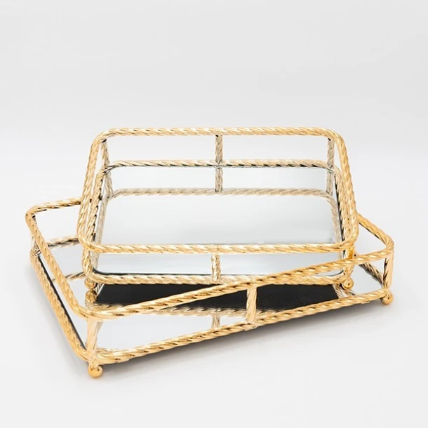 Δίσκος Σερβιρίσματος Σετ 2τμχ Μεταλλικός Με Καθρέπτη Χρυσό 30x20x7εκ./36x26x7εκ. ESTHETI 819-00269