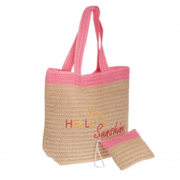 Τσάντα Θαλάσσης Ψάθινη Με Πορτοφολάκι 49x15x39εκ./23x15εκ. Μπεζ-Ροζ iliadis 93130