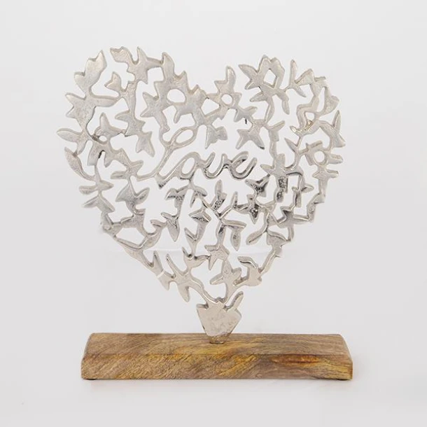 Διακοσμητικό Επιτραπέζιο Καρδιά Με Βάση Ξύλινο-Μεταλλικό Ασημί-Natural 27x5x32εκ. ESTHETI 752-28553