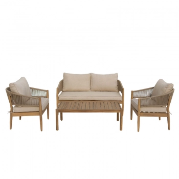 Σαλόνι εξωτερικού χώρου Lemanda pakoworld μασίφ ξύλο ακακίας με σχοινί και μπεζ μαξιλάρια