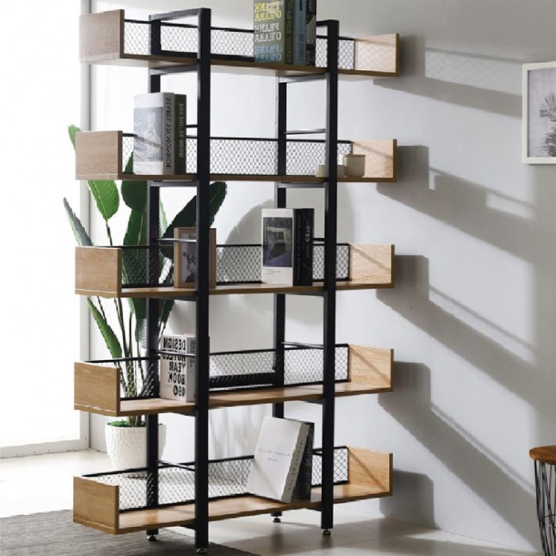 Βιβλιοθήκη Musha pakoworld μέταλλο μαύρο με oak απόχρωση 120x22x185εκ