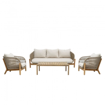 Σαλόνι εξωτερικού χώρου Verilan pakoworld μασίφ ξύλο ακακίας με σχοινί και μπεζ μαξιλάρια