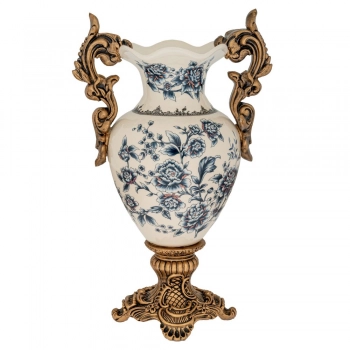 Βάζο Polyresin Λευκό Με Μπλε Λουλούδια Και Χρυσά Χερούλια 27x17x42εκ. iliadis 88556