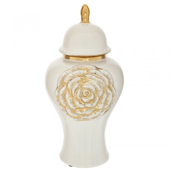 Βάζο Με Καπάκι Κεραμικό Λευκό-Χρυσό Λουλούδι Φ19x40εκ. iliadis 88398