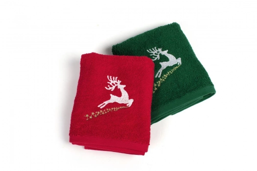 Χριστουγεννιάτικο Σετ Πετσέτες 2τμχ Βαμβακερές 40x60εκ. Rudolph Κόκκινο-Πράσινο Dimcol