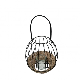 Φανάρι Μεταλλικό-Ψάθινο Μαύρο Με Λαβή ESPIEL Δ23x22εκ. LUG120