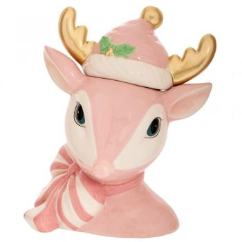 Χριστουγεννιάτικη Μπισκοτιέρα Κεραμική Ελαφάκι Λευκό-Ροζ 23x17x28εκ. iliadis 91117