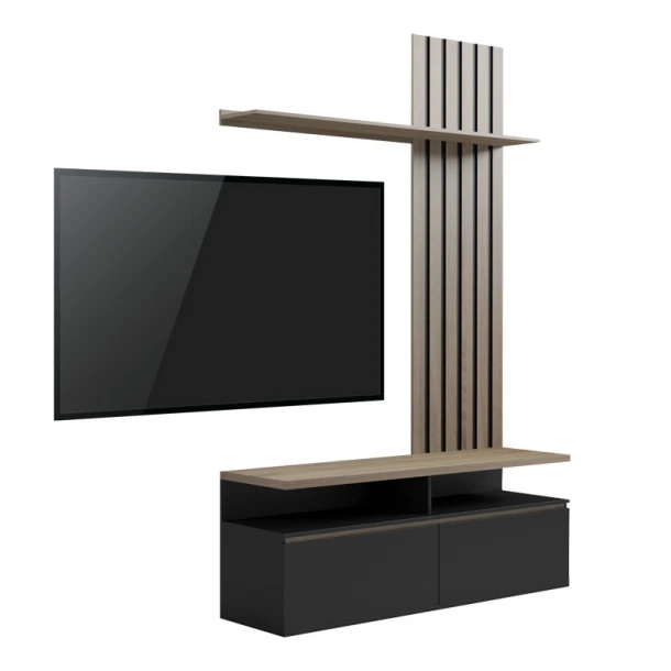 Σύνθετο σαλονιού Perlento pakoworld σε μαύρο με sonoma απόχρωση 140x41x219.5εκ