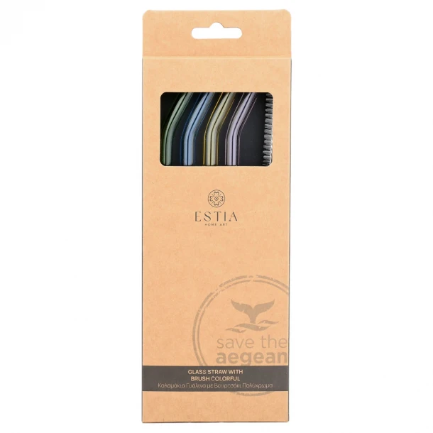 Σετ Καλαμάκια 4τμχ Με Βουρτσάκι Γυάλινα Πολύχρωμα Estia 01-39226