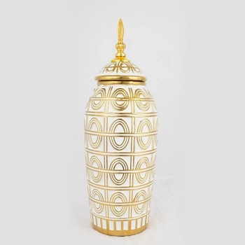 Βάζο Με Καπάκι Κεραμικό Λευκό-Χρυσό 15x15x42,5εκ. ESTHETI 752-20037