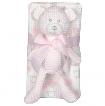 Κουβέρτα Πικέ Βαμβακερή Με Παιχνίδι Αγκαλιάς-Λίκνου 75x100εκ. Essential Baby 8855 Ροζ-Λευκή Greenwich Polo Club