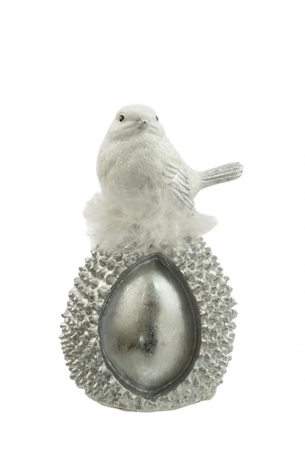 Διακοσμητικό Πουλί Σε Βελανίδι Polyester Ασημί-Λευκό 10x9x15,5εκ. Zen Collection 24.6.50451
