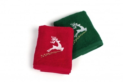 Χριστουγεννιάτικο Σετ Πετσέτες 2τμχ Βαμβακερές 40x60εκ. Rudolph Κόκκινο-Πράσινο Dimcol