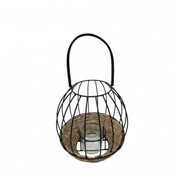 Φανάρι Μεταλλικό-Ψάθινο Μαύρο Με Λαβή ESPIEL Δ23x22εκ. LUG120