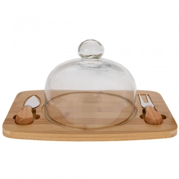 Πλατώ Σερβιρίσματος Τυριών Bamboo Με Γυάλινο Καπάκι Και Εργαλεία Natural-Διάφανο 28,5x18,5x14εκ. iliadis 91921
