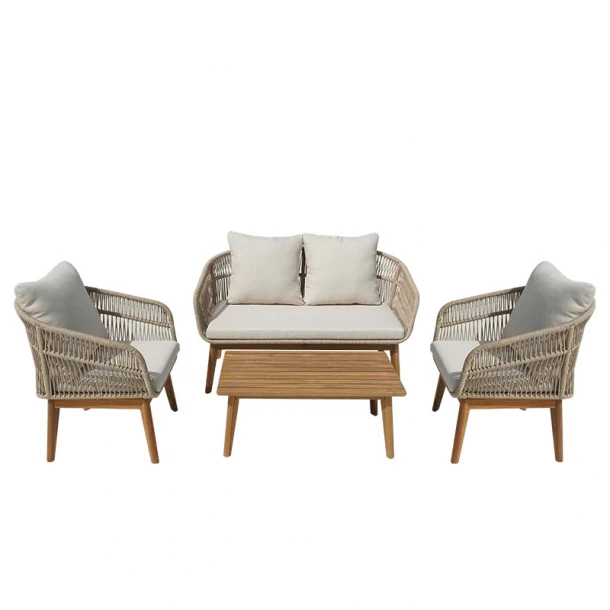 Σαλόνι εξωτερικού χώρου Macrena pakoworld μασίφ ξύλο ακακίας με σχοινί και μπεζ μαξιλάρια