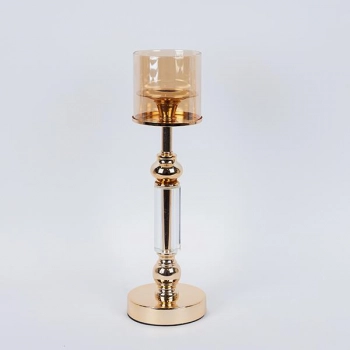 Κηροπήγιο Γυάλινο-Μεταλλικό Χρυσό-Μελί 12x44εκ. ESTHETI 752-24092