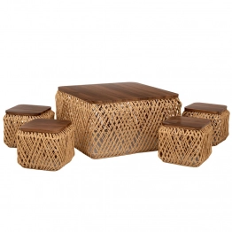 Σετ Τραπεζάκι 70x70x38εκ. Με 4 Σκαμπώ 30x30x28εκ. Πλεκτό-Ξύλινο Natural-Καφέ iliadis 90169