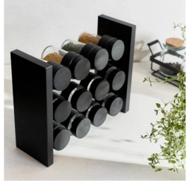 Μπαχαριέρα Με 12 Βαζάκια Ξύλινη-Γυάλινη-Πλαστική Μαύρη 26x21εκ. Otto Homla 202188