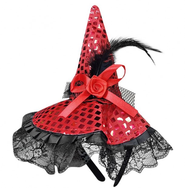 Στέκα Καπέλο Μάγισσας με Πούλιες 26x20εκ. Μαύρο-Κόκκινο Carnavalista 3-2453
